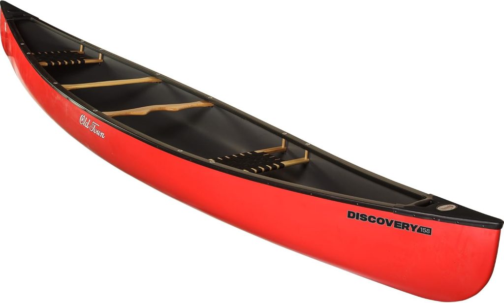 Old Town Discovery 158 two person canoe in red with web seats and wood thwarts