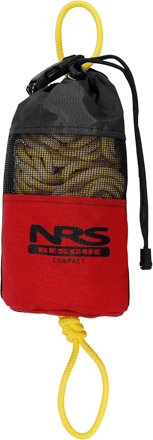 NRS Compact rescue throw bag with yellow rope for whitewater rafting safety