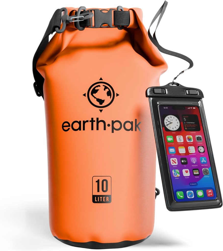 Earth Pak orange 10 liter waterproof dry bag with phone case for overnight rafting trips