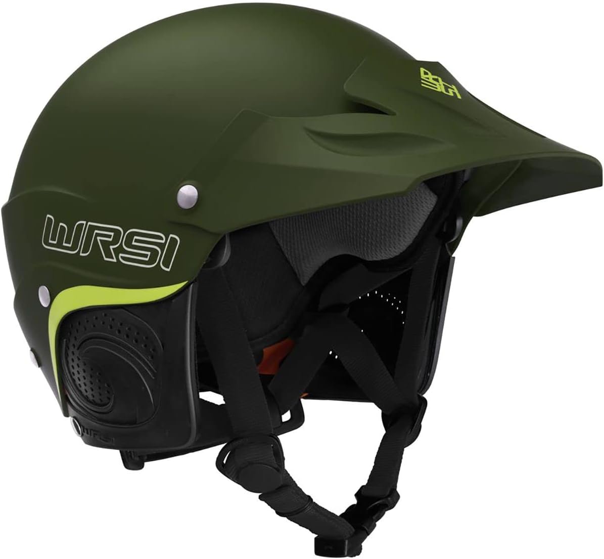 WRSI Current Pro whitewater helmet in olive green with lime accents
