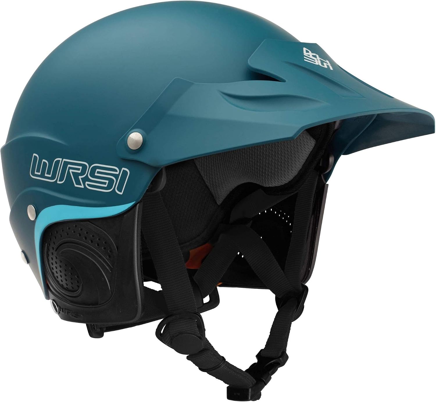 WRSI Current Pro whitewater helmet in Poseidon teal with visor and ear protection