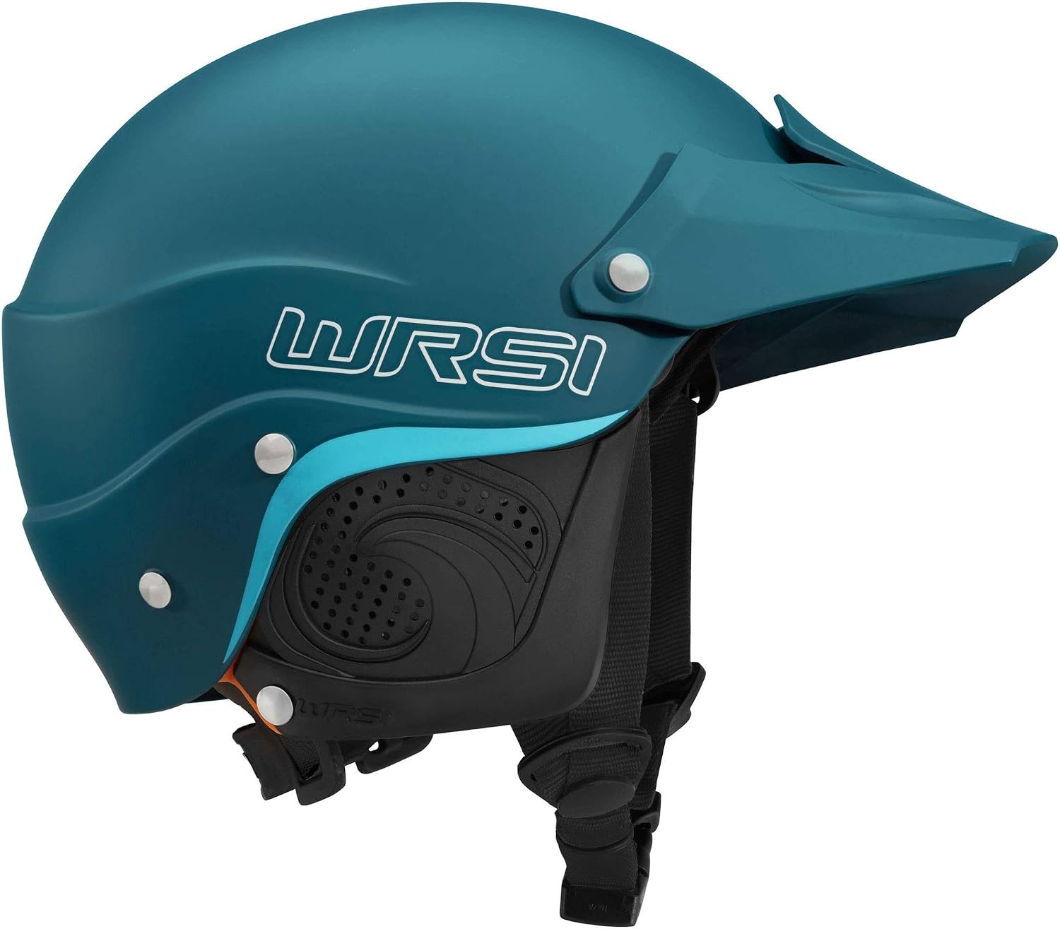 Side view of WRSI Current Pro kayak helmet showing visor and perforated ear pads