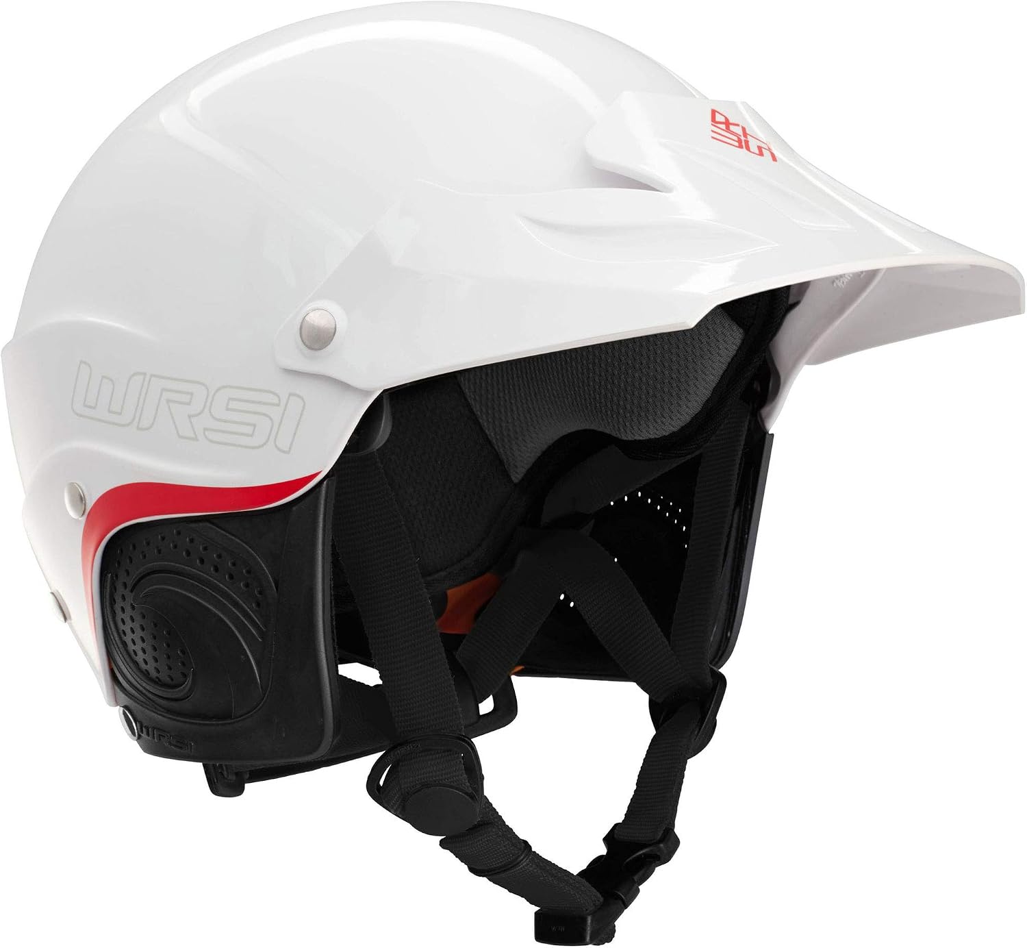 WRSI Current Pro whitewater helmet in white with red accents and removable liner